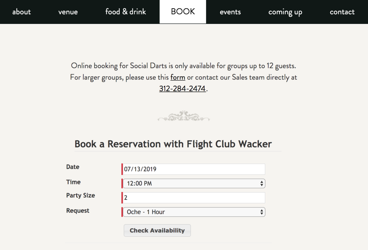 Playing Steel Tip Darts at Flight Club Chicago. A screenshot of the booking/reservation process on the Flight Club website.