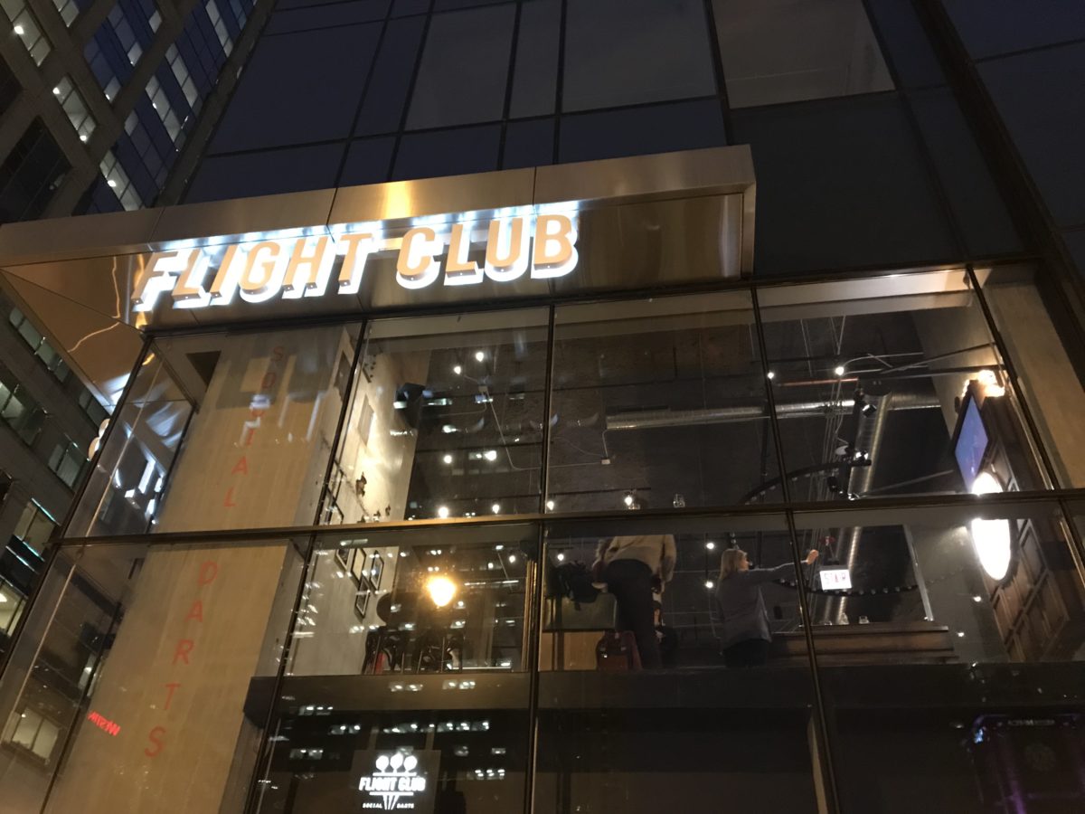 Another look at the exterior of Flight Club Chicago facing W. Wacker Dr. in downtown Chicago.
