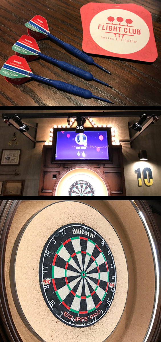 Playing Steel Tip Darts at Flight Club Chicago. A closer look at the key ingredients to social darts. (Top) The proprietary blue darts steel tip darts; (Middle) Videos camera, and the display; and (Bottom) Quality, Unicorn steel tip dartboards.