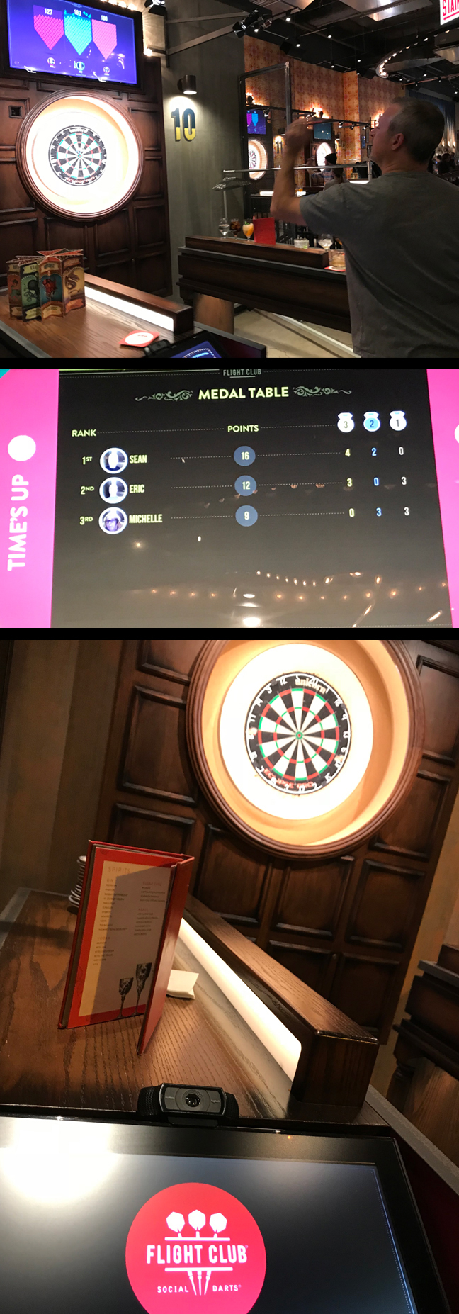 Playing Steel Tip Darts at Flight Club Chicago. (Top) A close-up look at the player experience while throwing darts from the oche; (Middle) The scoreboard/monitor; and (Bottom) A close-up look at the kiosk.