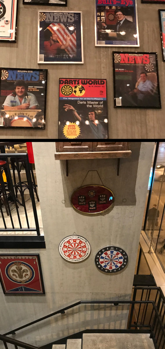 Playing Steel Tip Darts at Flight Club Chicago. More dart memorabilia on the walls surrounding the staircase leading to the second floor.