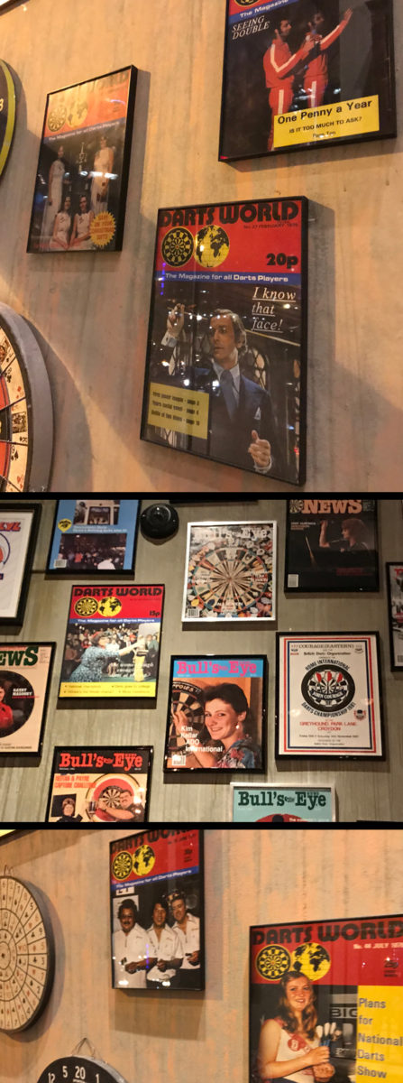 Playing Steel Tip Darts at Flight Club Chicago. A close-up look at some of the dart memorabilia on the walls surrounding the staircase leading to the second floor.